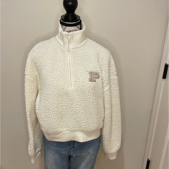 PINK Victoria's Secret Sweaters - Cream Sherpa Quarter-Zip Pullover Pink Brand